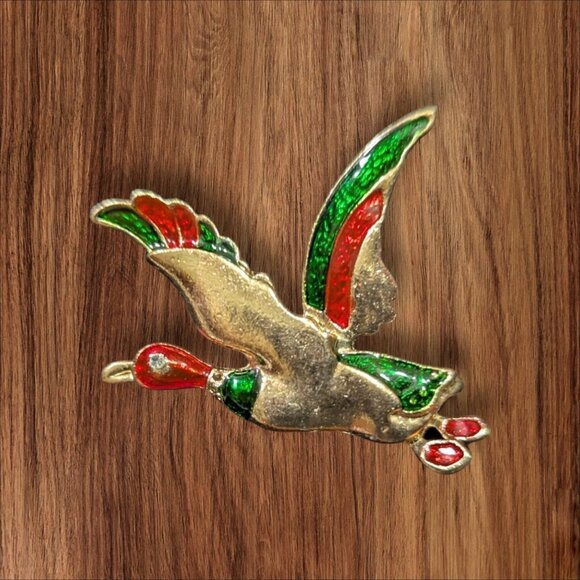 Vintage Gold-Tone Mallard Duck Pin Brooch With Green & Red Enamel Accents bird - Picture 1 of 6